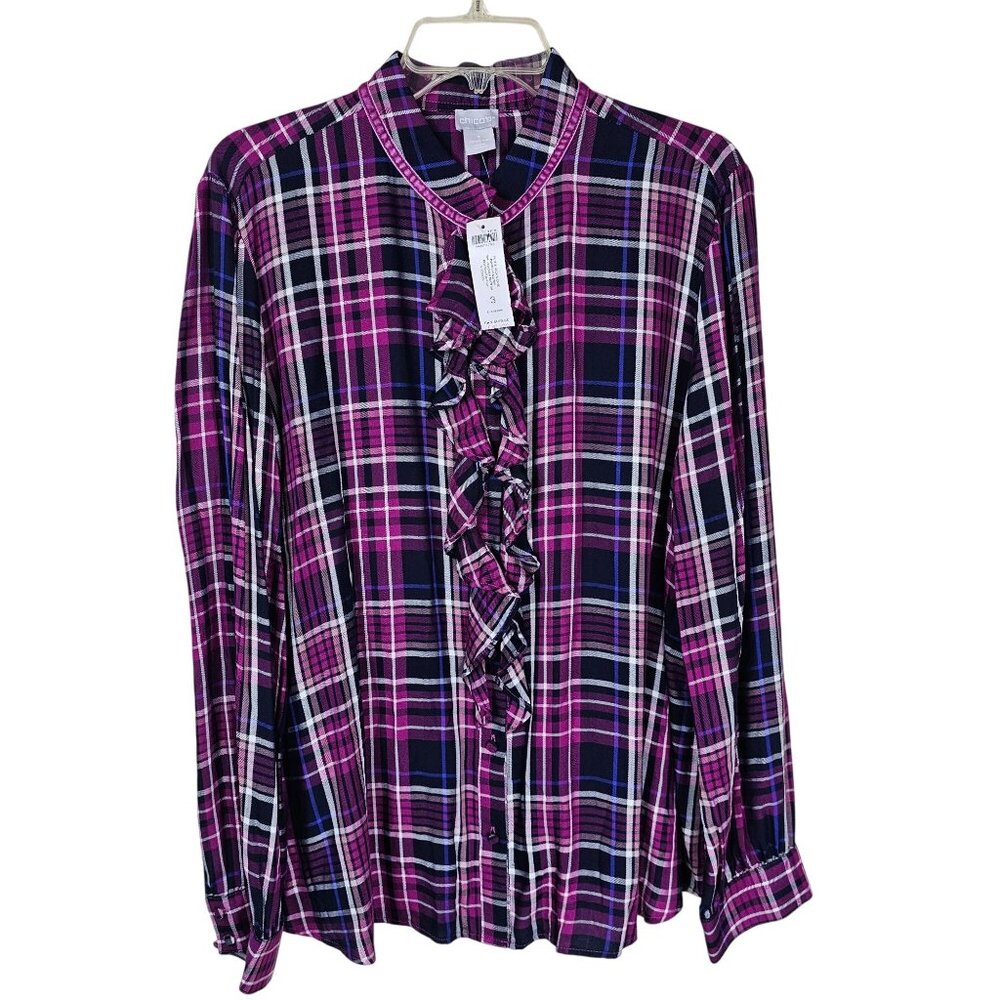 Chicos Button Up Poet Ruffle Top XL Purple Plaid LS Flowy Dressy Feminine NWT